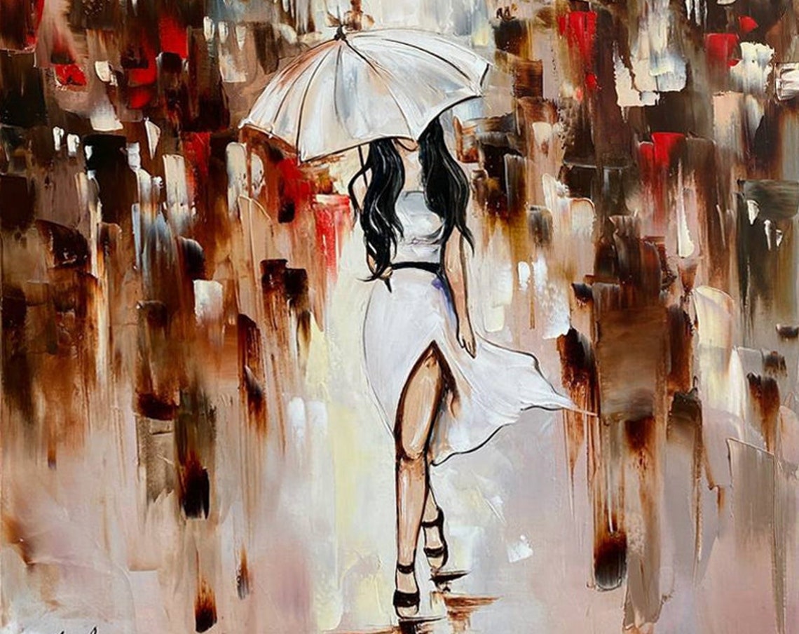 Abstract Girl With Umbrella Painting On Rainy City Abstract Oil Painting Original Woman Holding Umbrella Wall Art Rainy Day Painting - Image 3