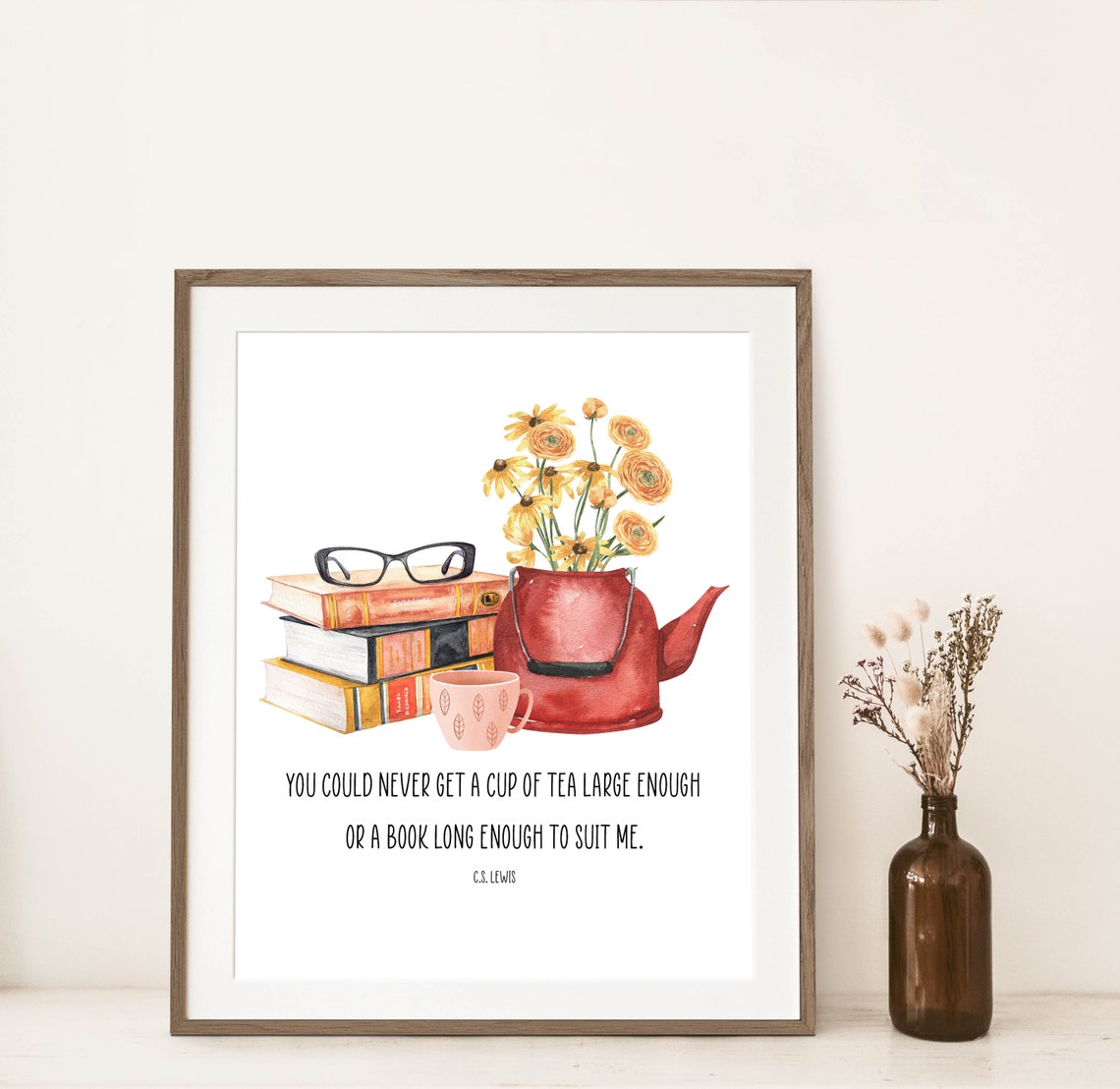 C S Lewis Tea and Books Quote Watercolor Reader Gift Wall Poster - Image 2