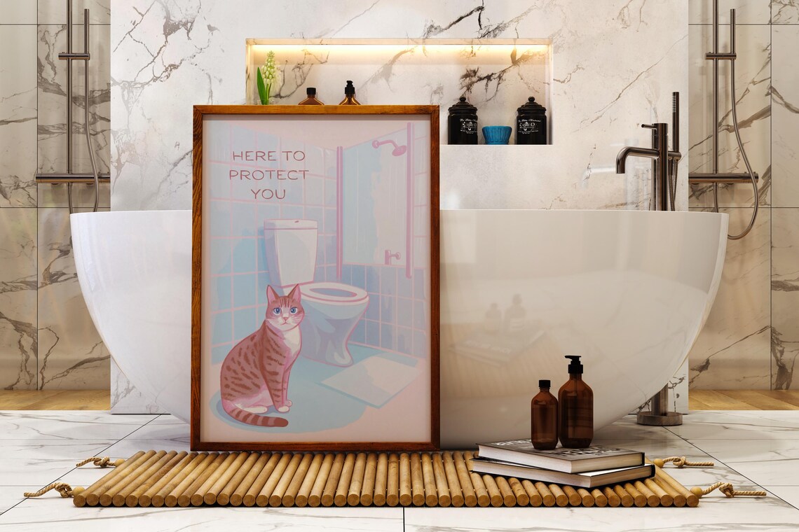 Here To Protect You Funny Cat Pink Bathroom Quote Trendy Wall Poster - Image 3