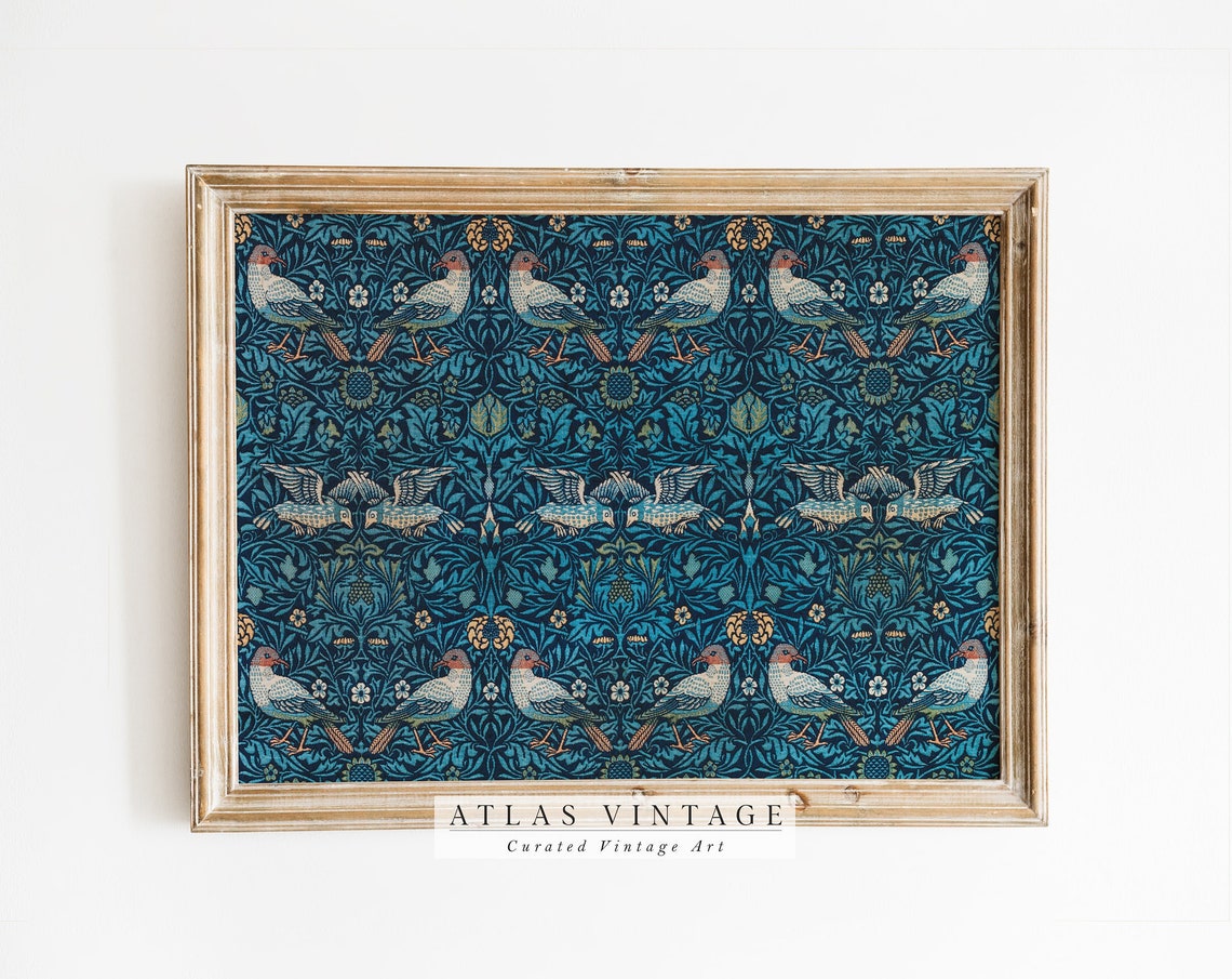 William Morris Bird Pattern Indigo Blue Tapestry Textile Poster
