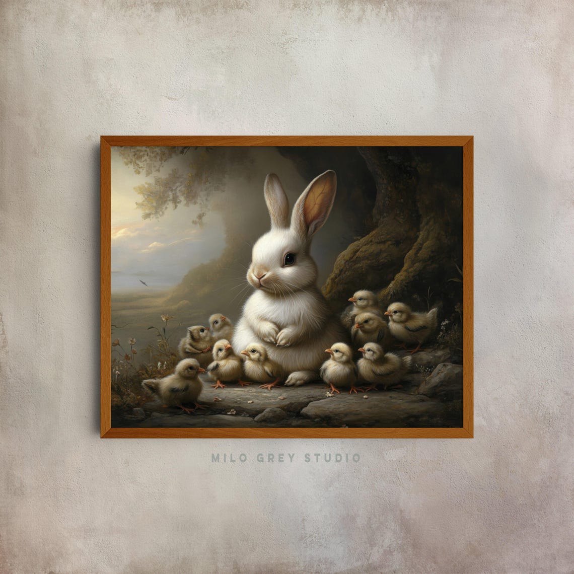 White Bunny With Baby Chicks Under A Tree Vintage Art Poster