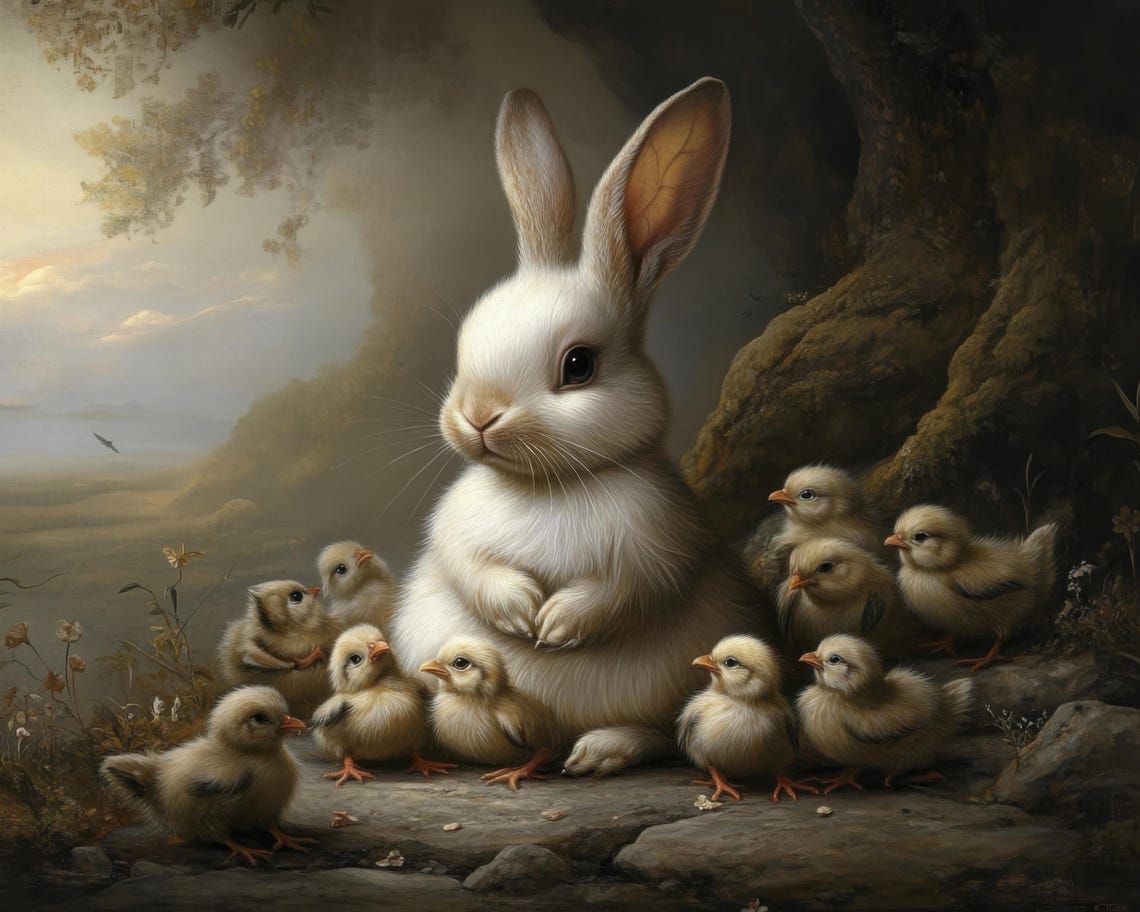 White Bunny With Baby Chicks Under A Tree Vintage Art Poster - Image 3