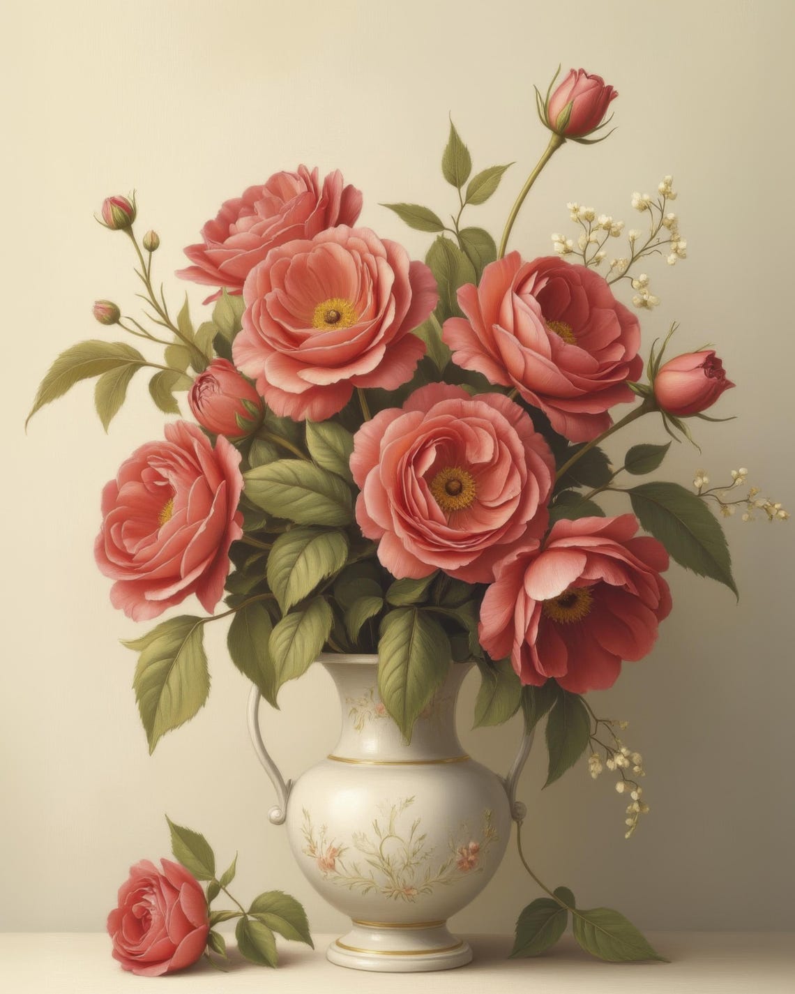 Pink Roses Bouquet in White Porcelain Vase Vintage Botanical Poster - Image 3