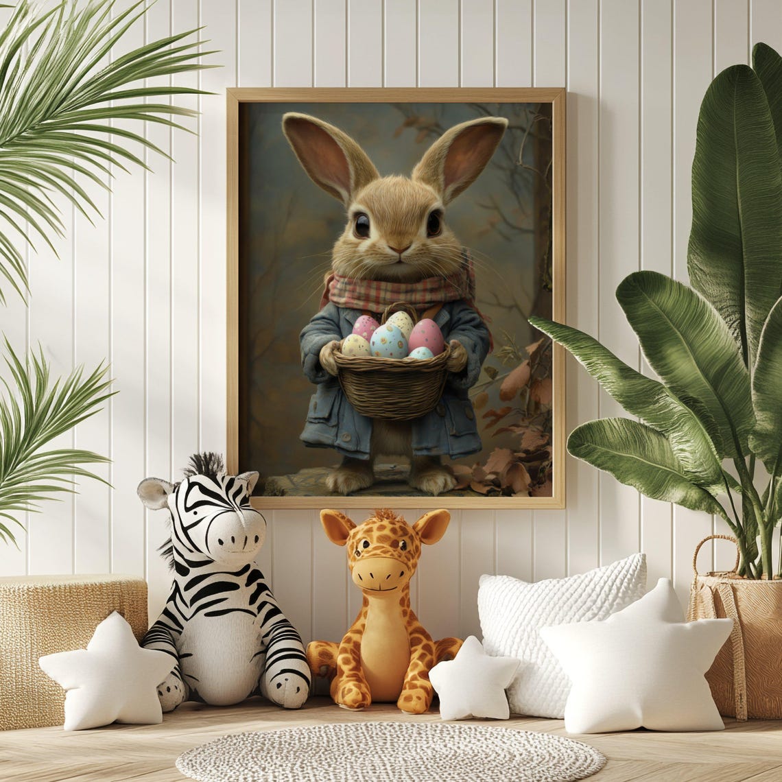 Bunny In Blue Coat And Plaid Scarf Holding Easter Eggs Poster - Image 2
