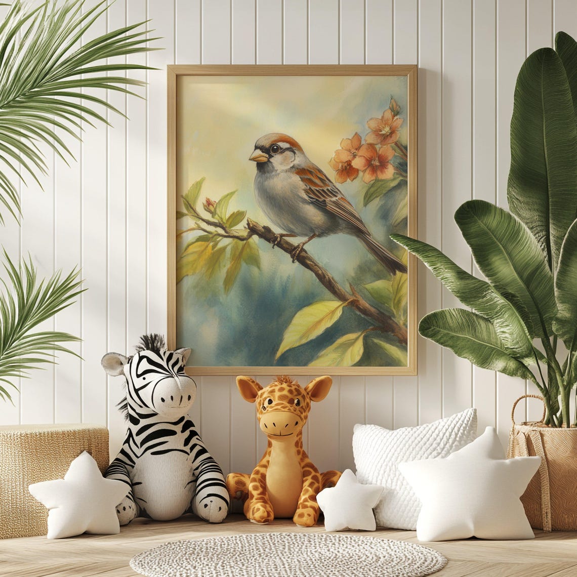 Watercolor Sparrow On Branch With Pink Spring Blossoms Poster - Image 2