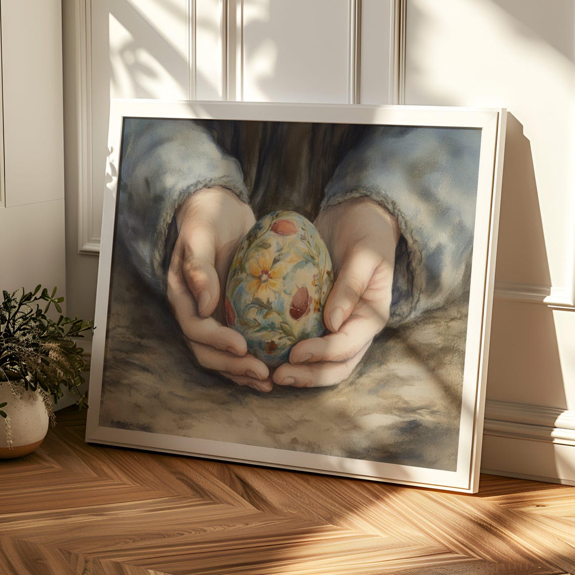 Hands Holding Hand-Painted Floral Easter Egg Watercolor Spring Poster - Image 2