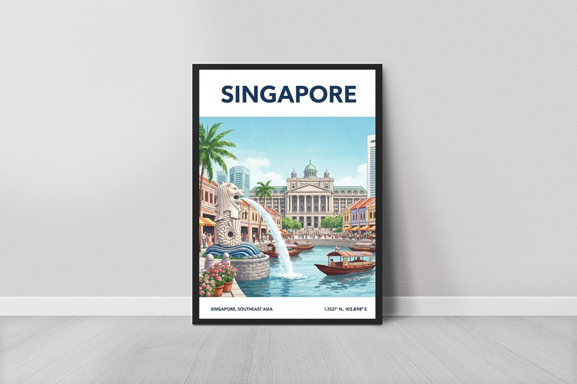 Singapore Merlion Vintage Gouache Travel Poster