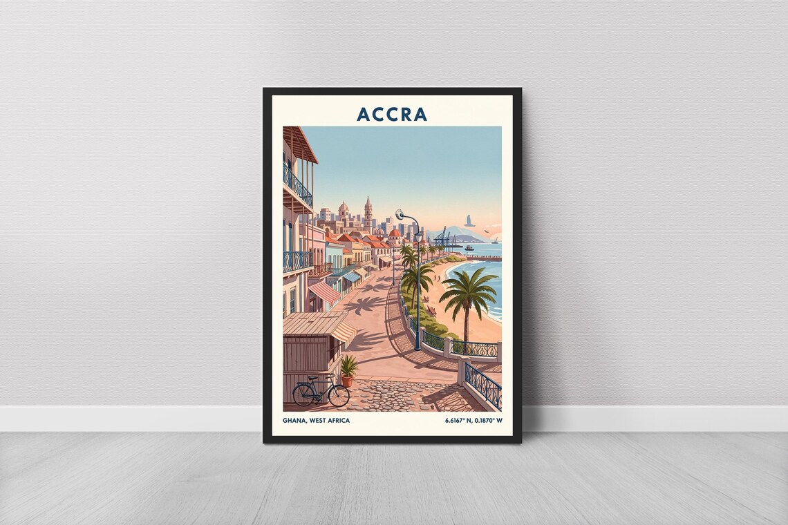 Accra Ghana Waterfront Street Palm Beach Vintage Travel Poster