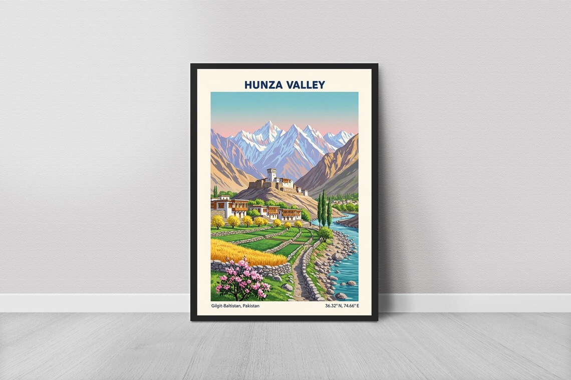 Hunza Valley Pakistan Vintage Travel Poster Snow Peaks Fort View