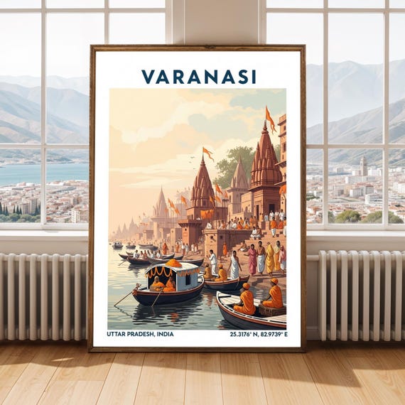 Varanasi Ganges River Art Print Vintage Gouache Illustration
