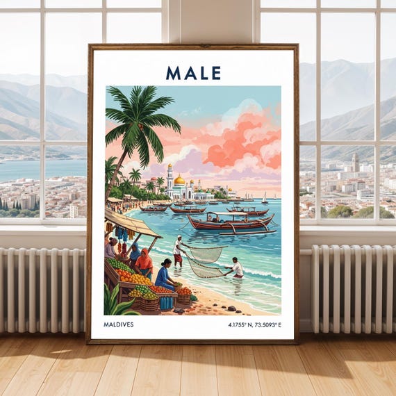 Maldives Beach Art Print Vintage Tropical Island Illustration