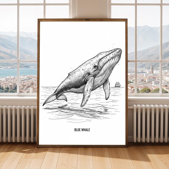 Blue Whale Leaping Fine Line Ink Drawing Over Ocean Waves Poster