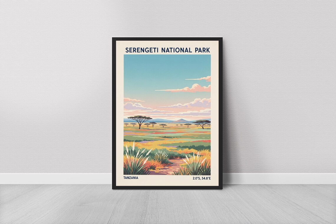 Tanzania Savanna Retro Travel Poster, Serengeti Landscape