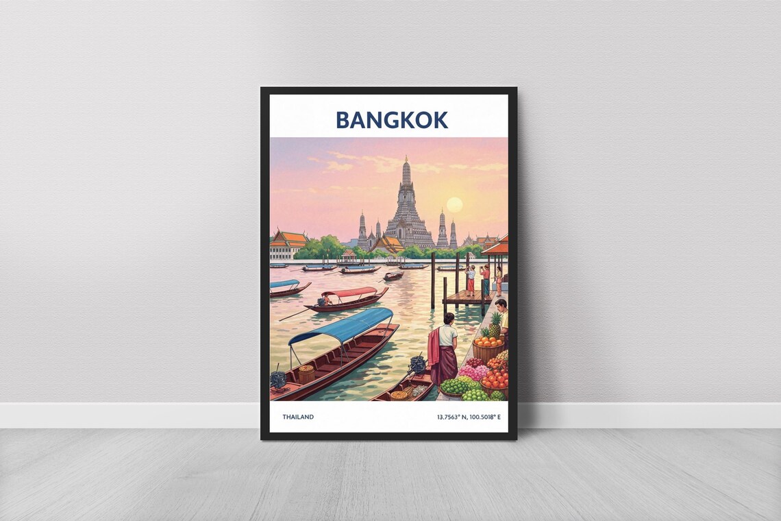 Bangkok Thailand Wat Arun River Boats Vintage Travel Poster Art