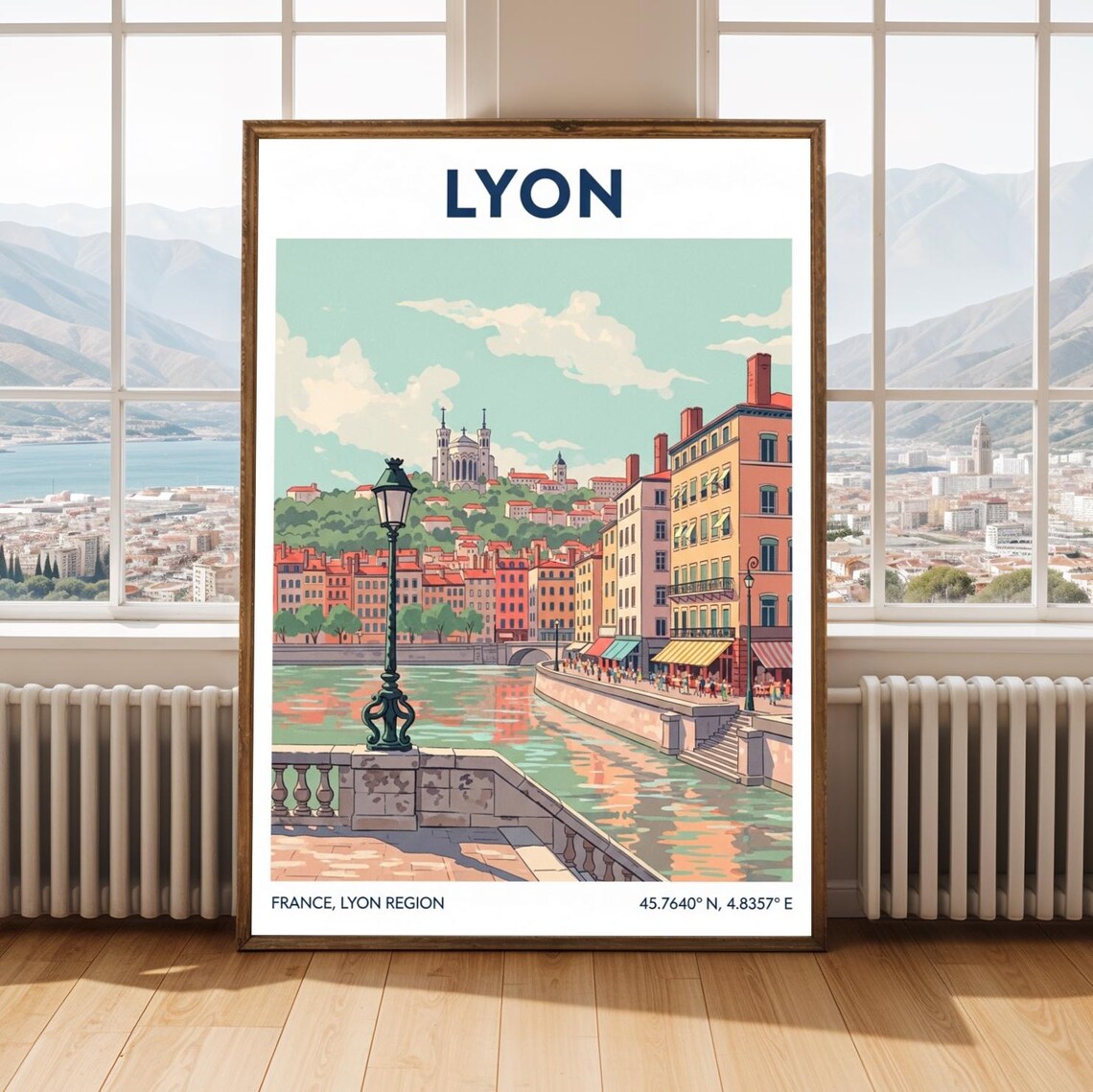 Lyon France Travel Poster, Riverside Cityscape