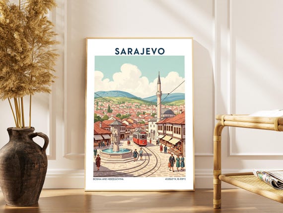 Sarajevo Cityscape Print Vintage Bosnia Travel Poster