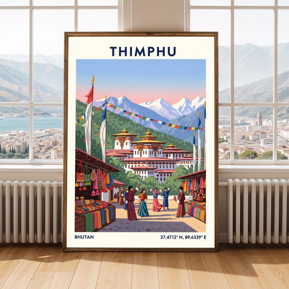 Thimphu Bhutan Vintage Travel Poster Dzong Prayer Flags Market Art