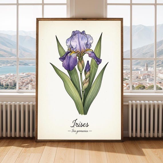 Vintage Iris Print Purple Watercolor Botanical Illustration