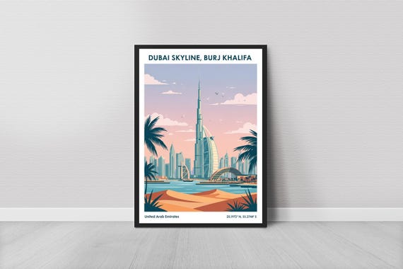 Dub Skyline Burj Khalifa Poster Vintage Travel Gouache Blue And Pink Tones