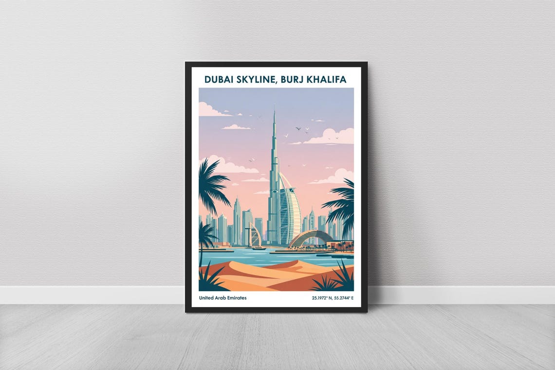Dubai Skyline Burj Khalifa Vintage Travel Poster UAE Beach Dunes