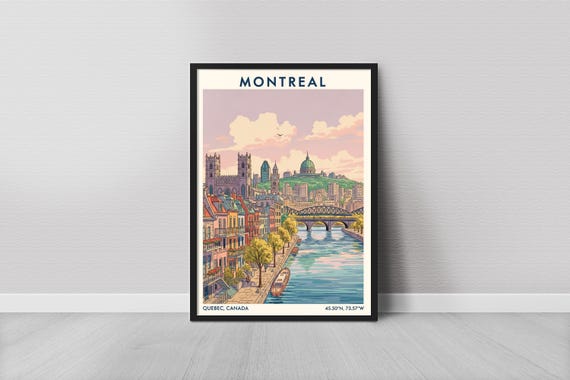 Montreal Art Print Vintage Travel Cityscape Blue Water And Cream Tones