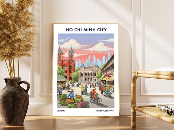 Ho Chi Minh City Vintage Travel Poster Colorful Gouache Cityscape Art Print