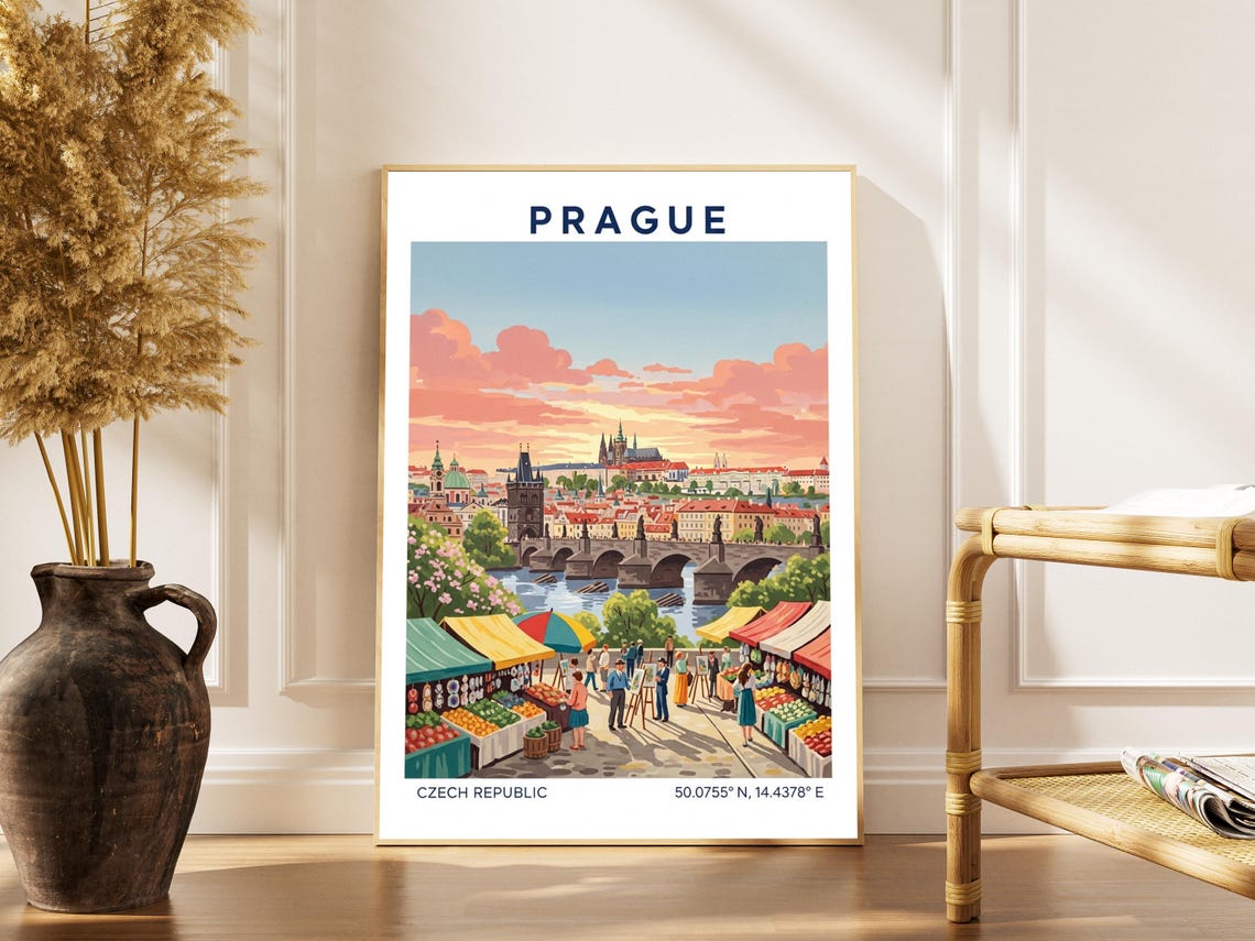 Prague Art Print Vintage Gouache Czech Republic Skyline Poster