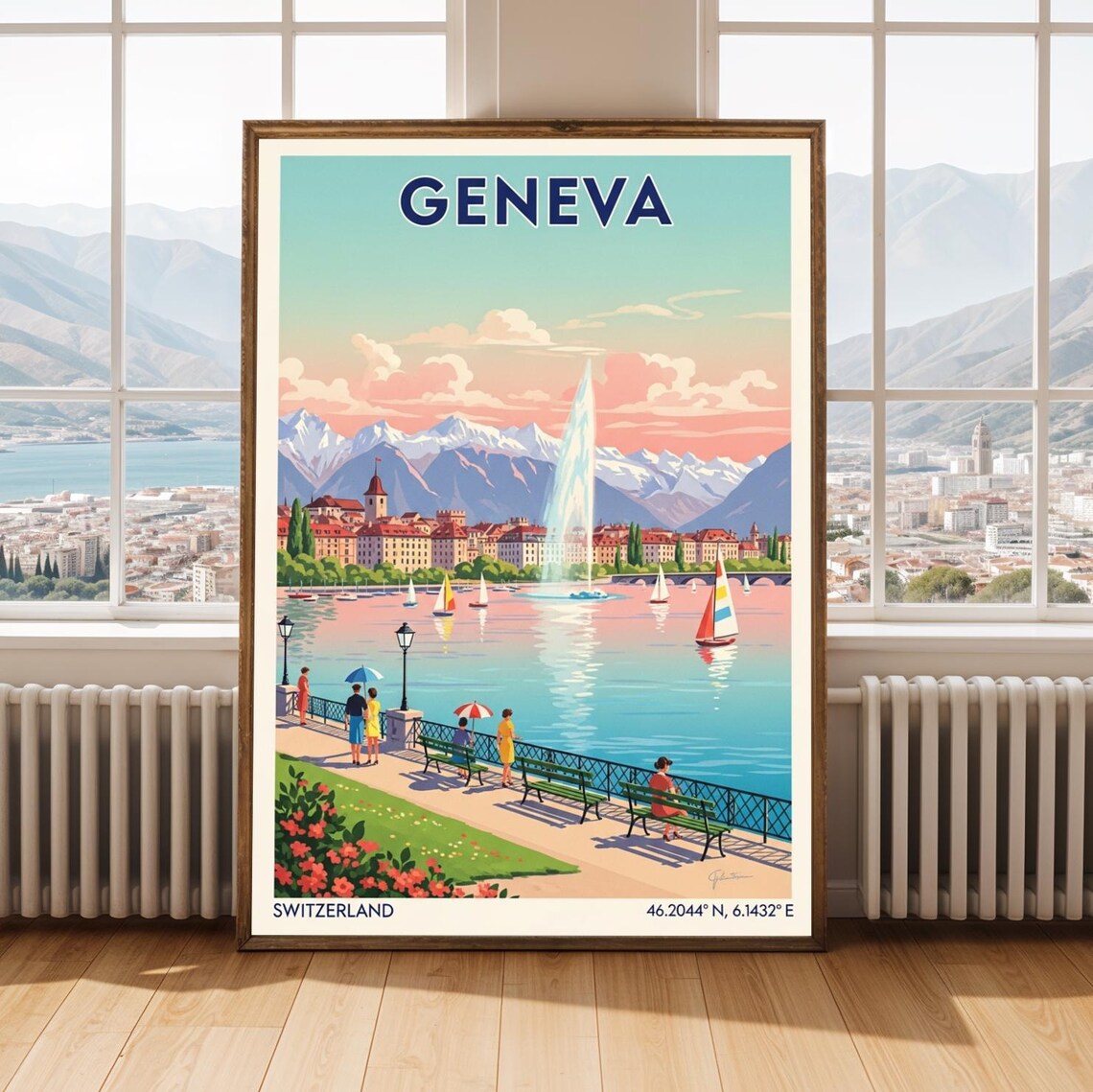 Geneva Switzerland Vintage Travel Poster Lake Fountain Alps View