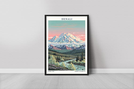 Denali Art Print Minimalist Alaska Landscape In Pink Sky And Turquoise River