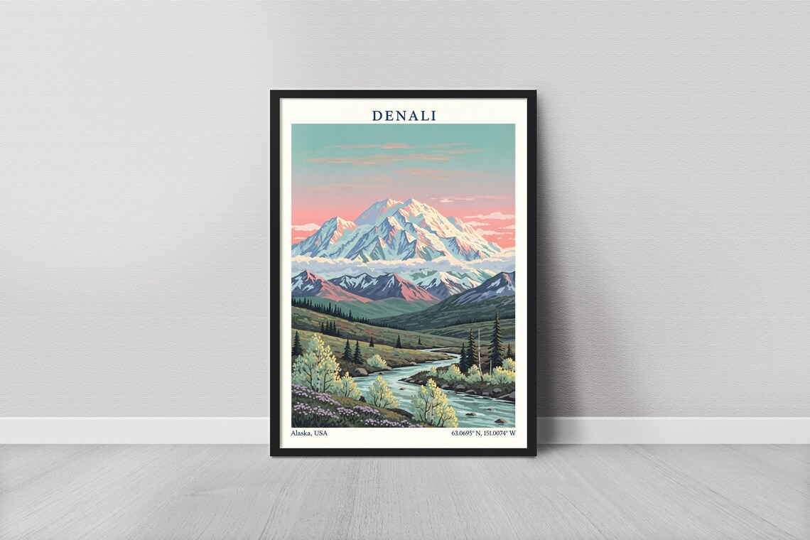 Denali National Park Alaska USA Travel Poster Pink Sky Mountain View