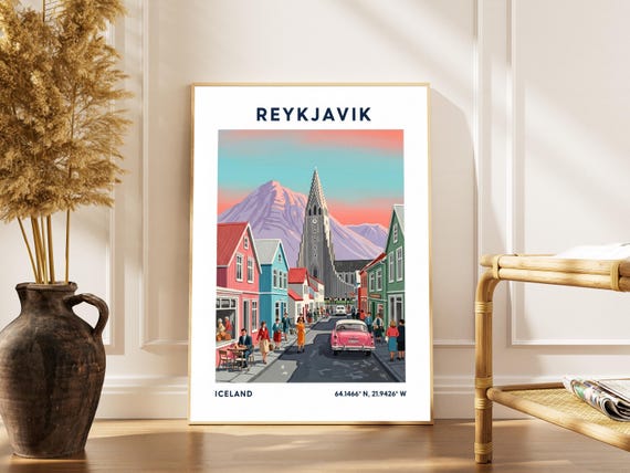 Reykjavik Art Print Vintage Iceland Travel Poster Colorful Cityscape