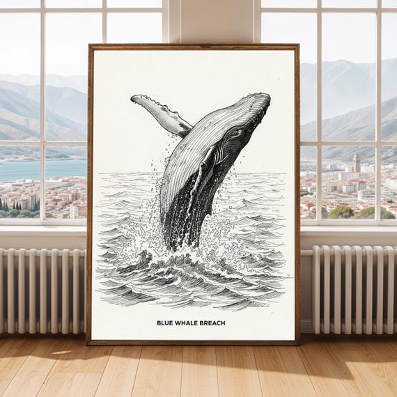 Blue Whale Breaching Poster Black And White Ink Illustration Architectural Sketch Art Lovers Gift Organic Line Decor