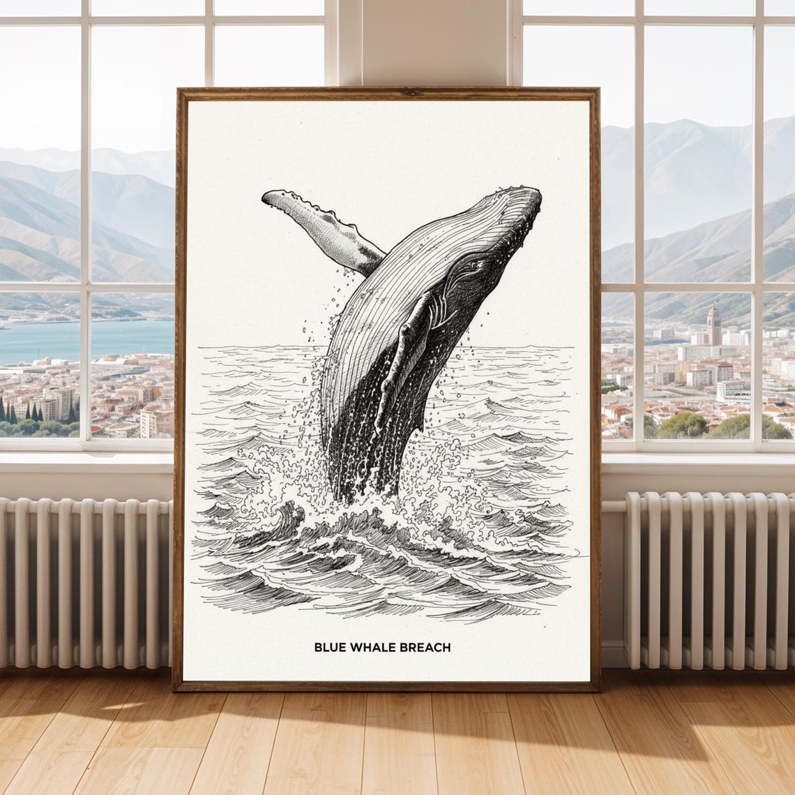 Breaching Whale Black and White Ink Line Illustration Poster