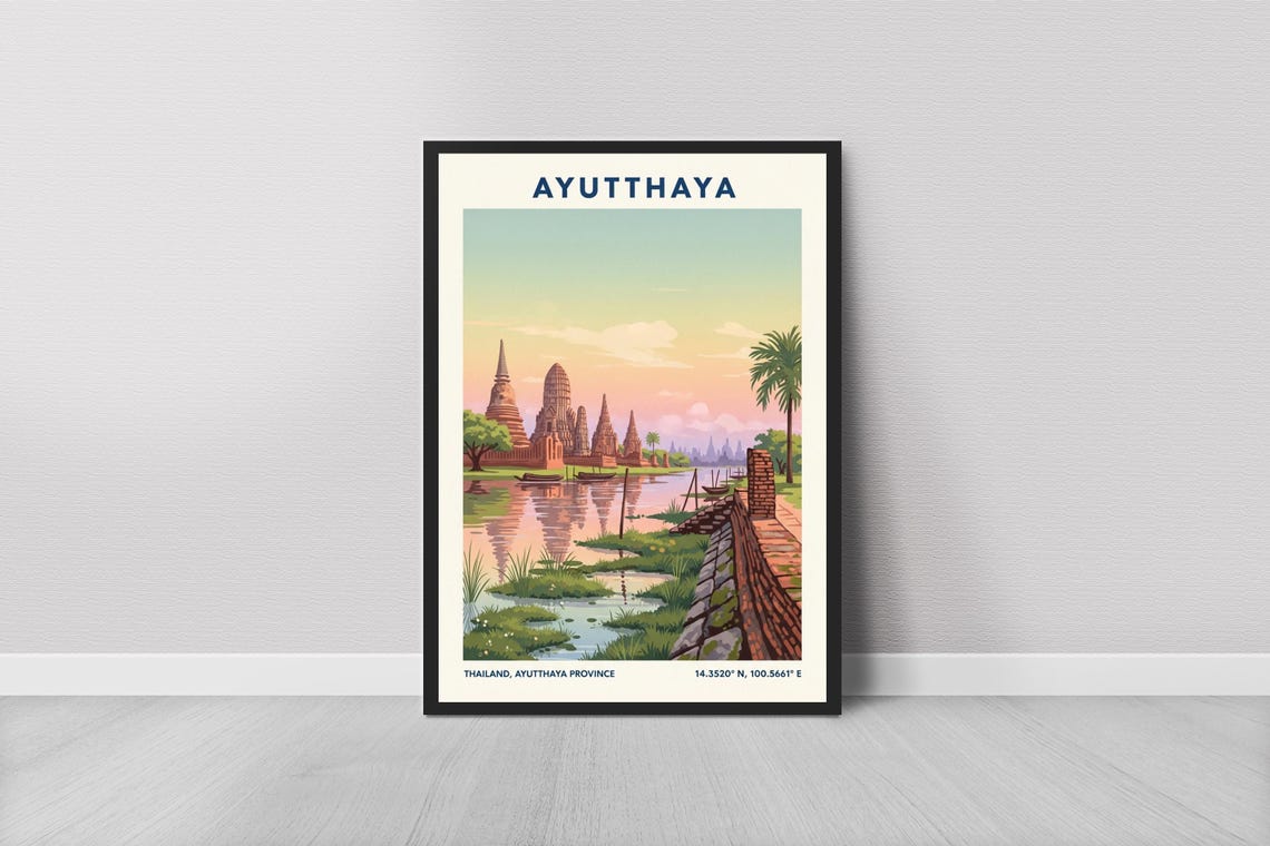 Ayutthaya Thailand Travel Poster With Ancient Temple River View