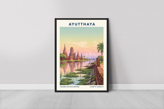 Ayutthaya Riverside Temples Art Print Thailand Travel Poster