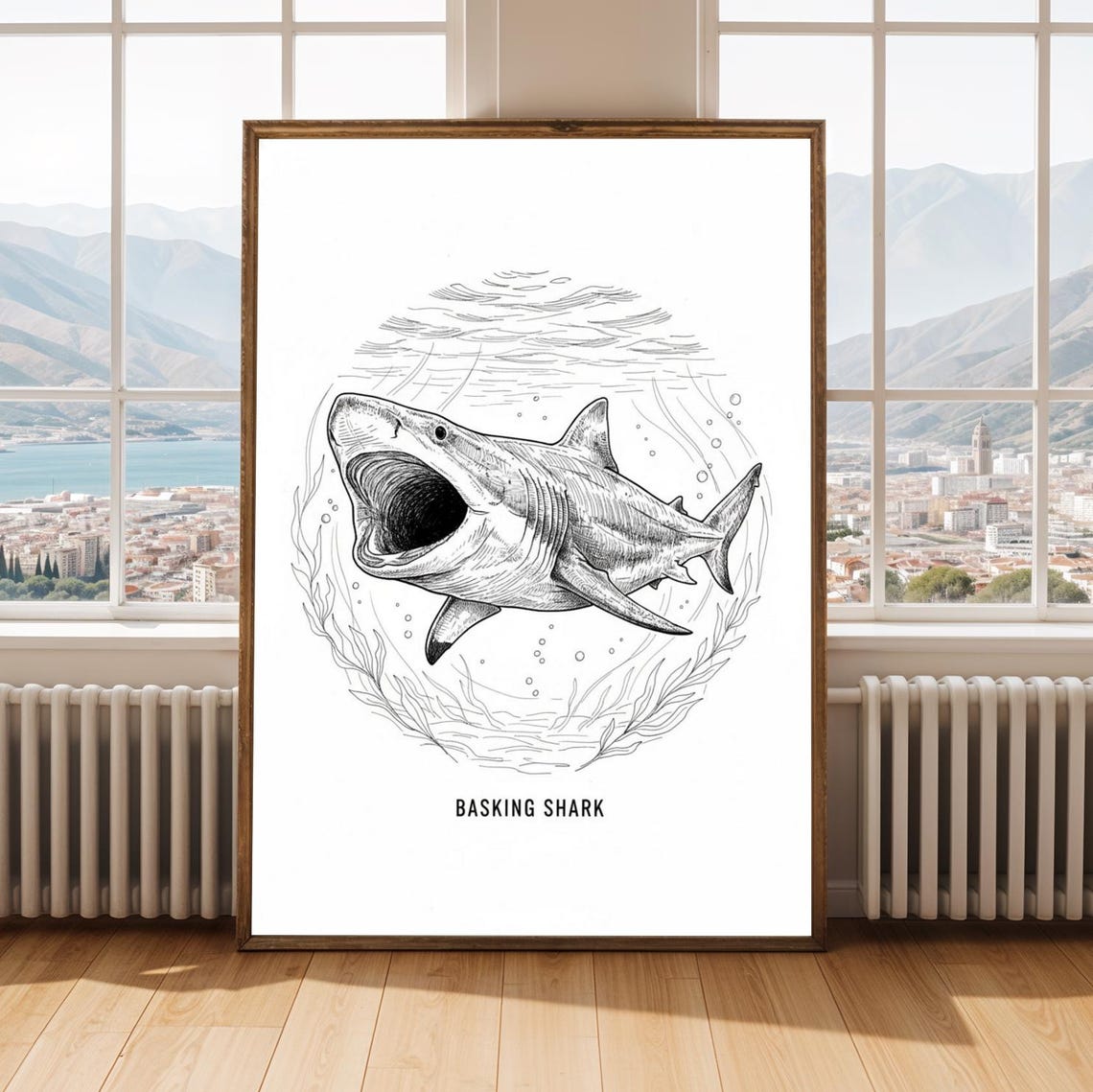 Basking Shark Fine Line Ink Drawing Open Mouth Sea Art Poster