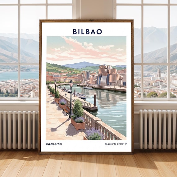 Bilbao Spain Vintage Travel Poster Guggenheim Riverside View Art