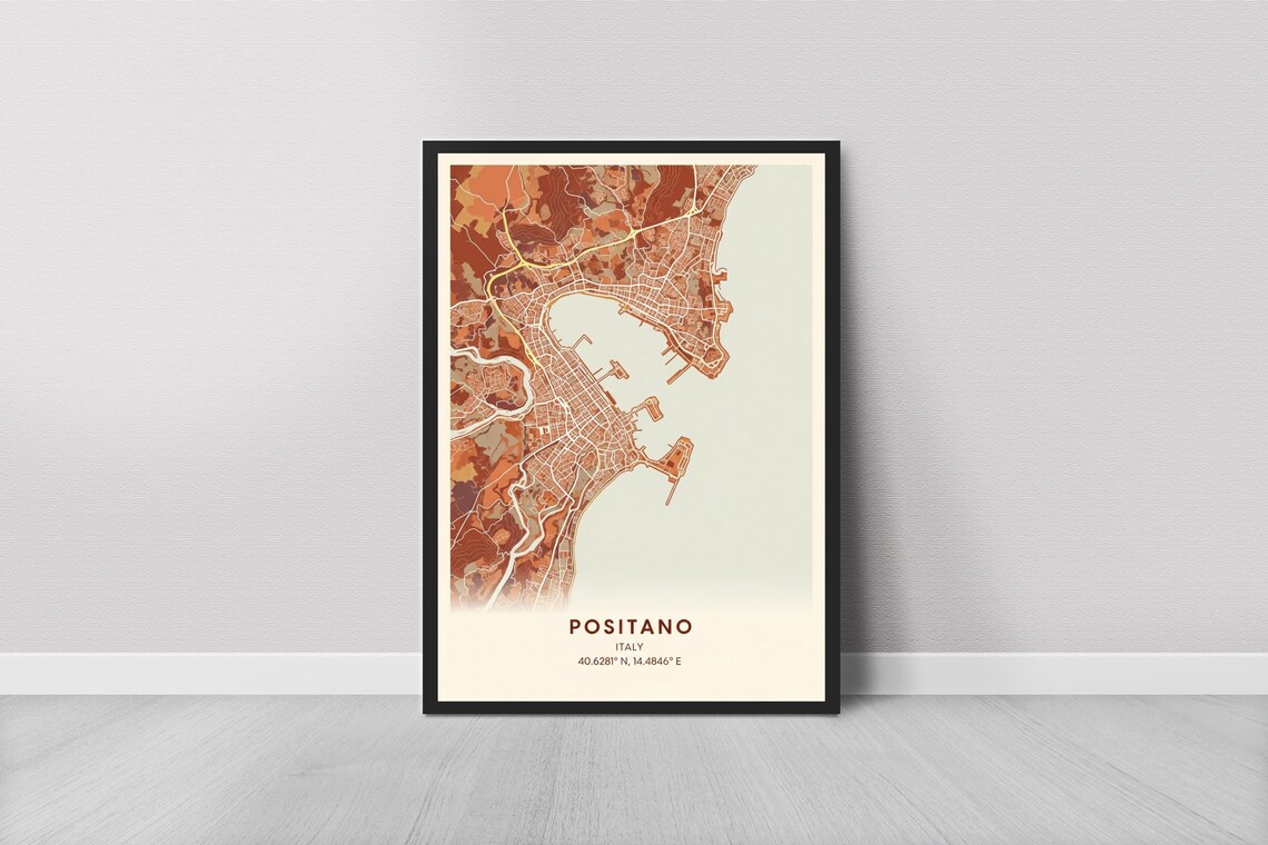 Positano Map Print Terracotta Beige Amalfi Coast Art