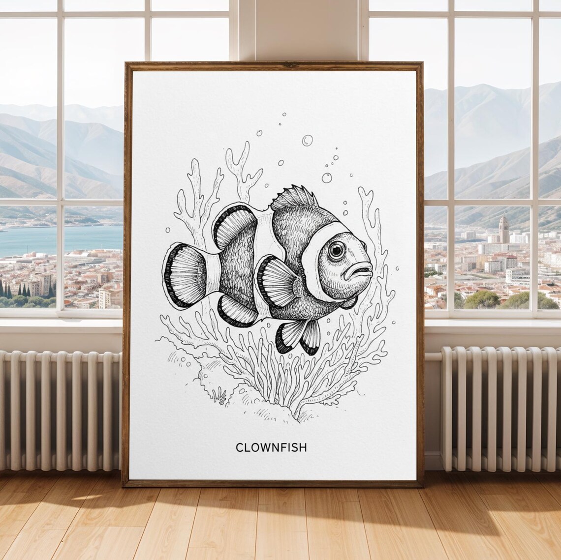 Clownfish Fine Line Ink Illustration Black White Ocean Art Print