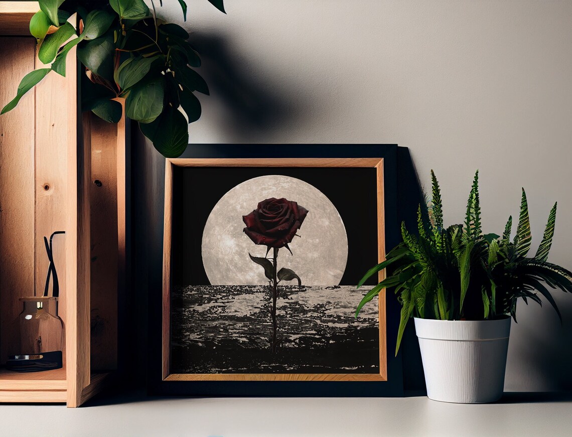 Dark Red Rose Vintage Surreal Moon Poster Print