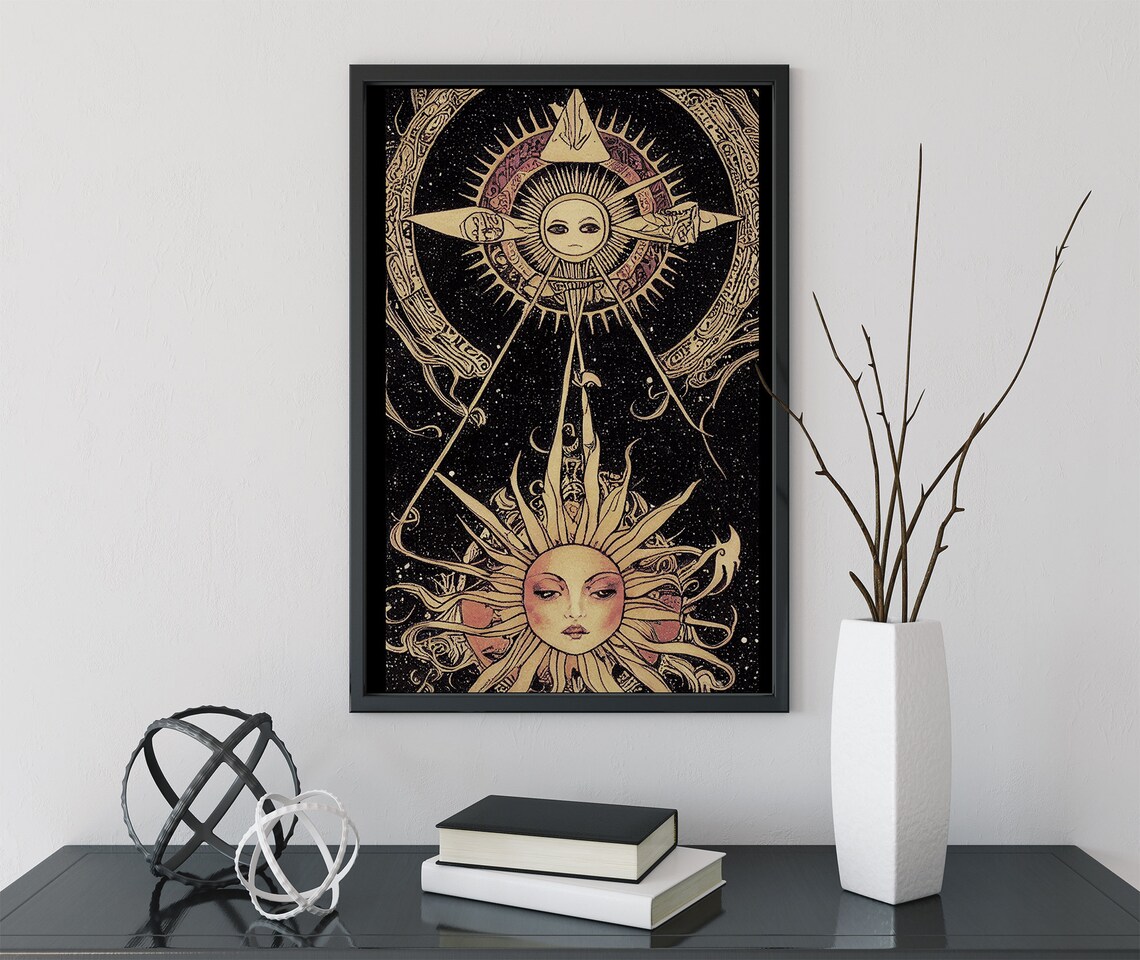 Art Nouveau Sun Faces Black Gold Celestial Decorative Poster