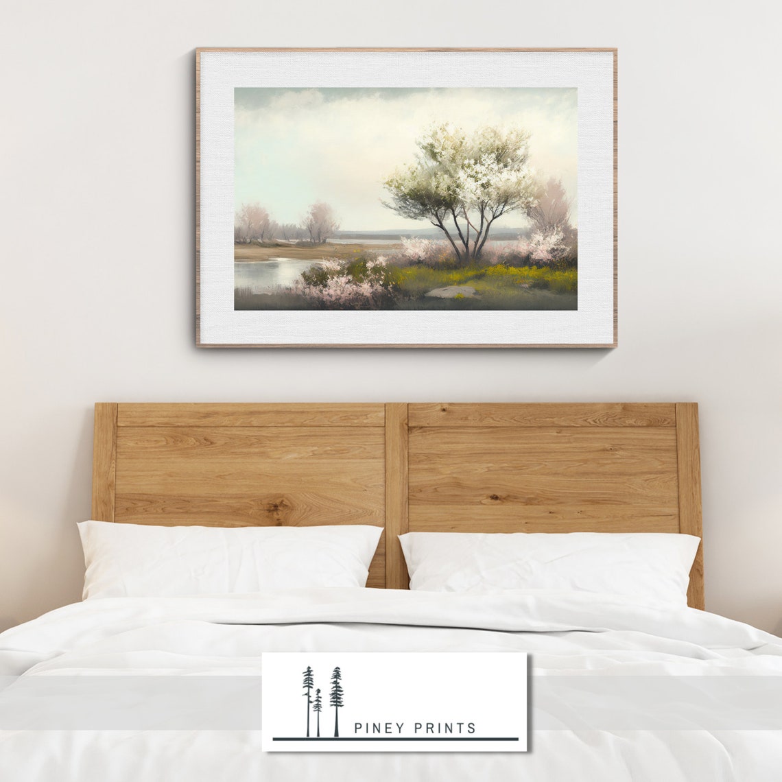 Spring Blossom Tree Riverside Watercolor Landscape Painting Poster - Image 2