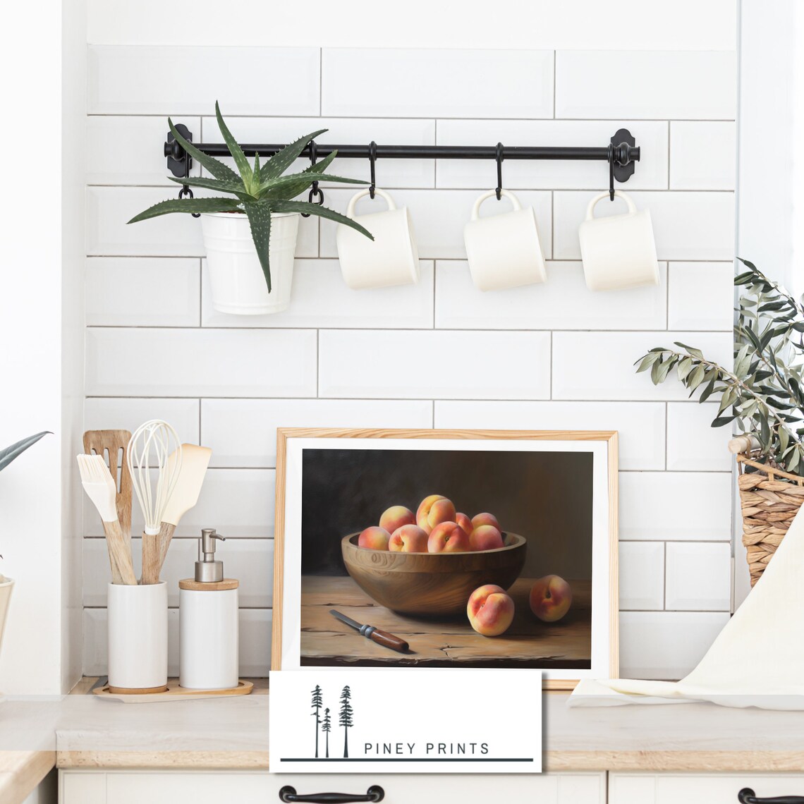 Wooden Bowl Of Peaches Vintage Still Life Oil Painting Kitchen Poster