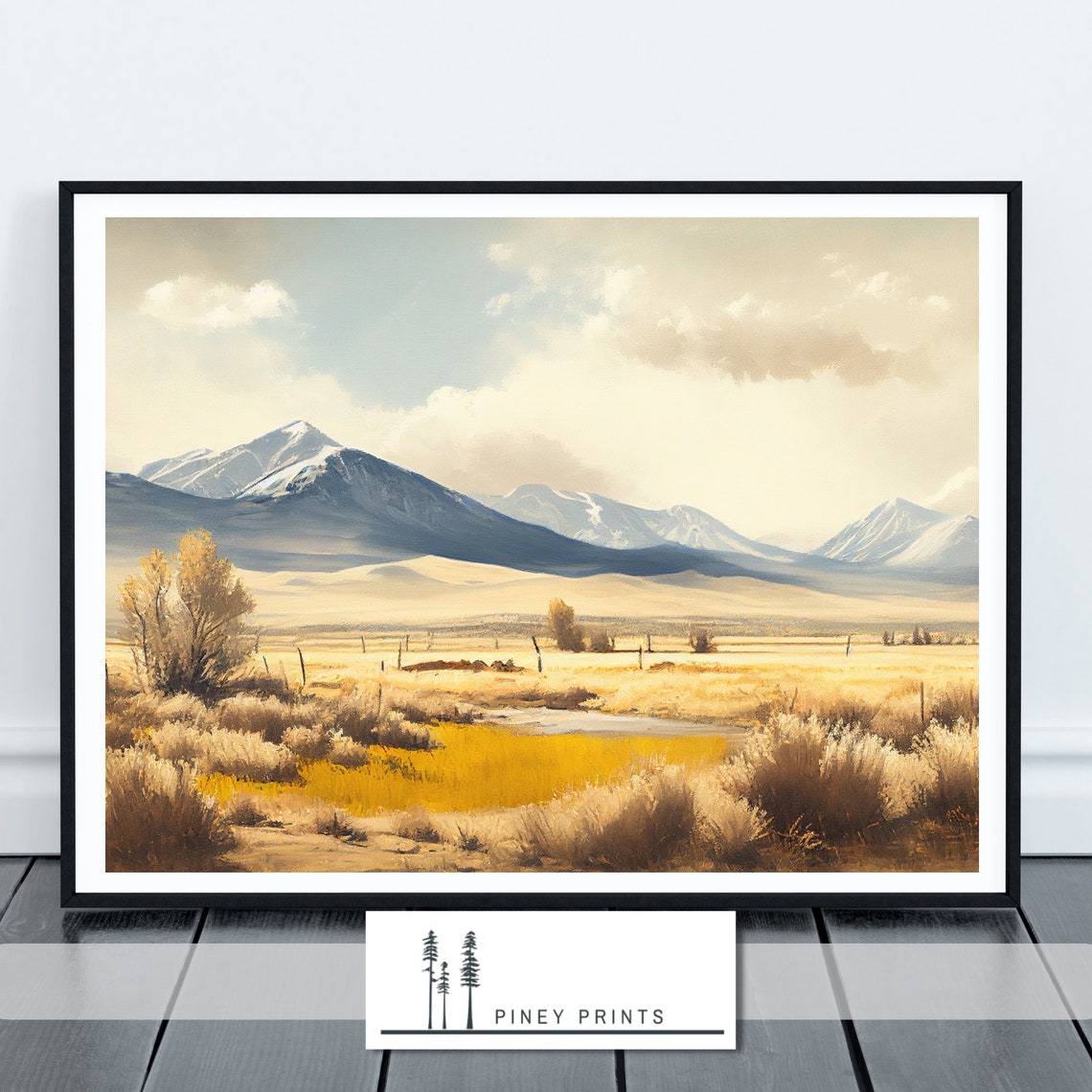 Snow Capped Mountain Valley Golden Field Watercolor Art Poster - Image 3