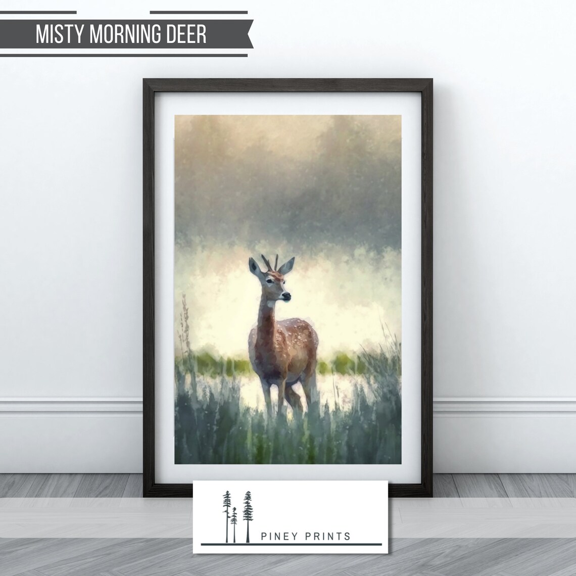 Misty Morning Deer Young Buck In Meadow Watercolor Wildlife Poster