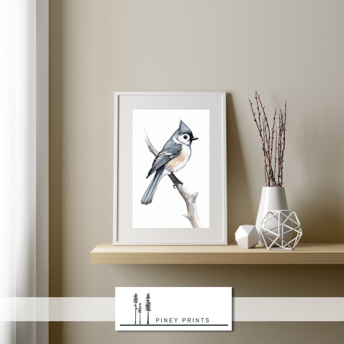 Tufted Titmouse Drawing Perched On Branch Delicate Bird Sketch Print - Image 2