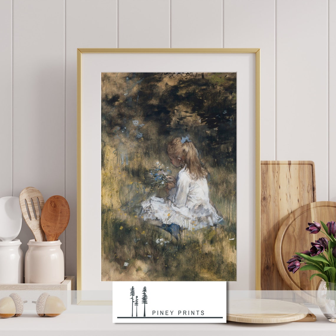 Young Girl Picking Wildflowers Meadow Vintage Impressionist Art Poster - Image 4