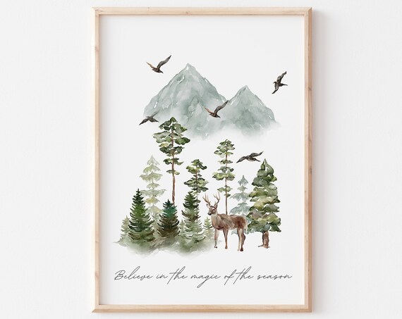 Believe in the Magic of the Season Watercolor Deer Forest Poster