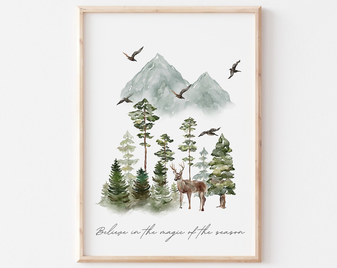 Believe in the Magic of the Season Watercolor Deer Forest Poster