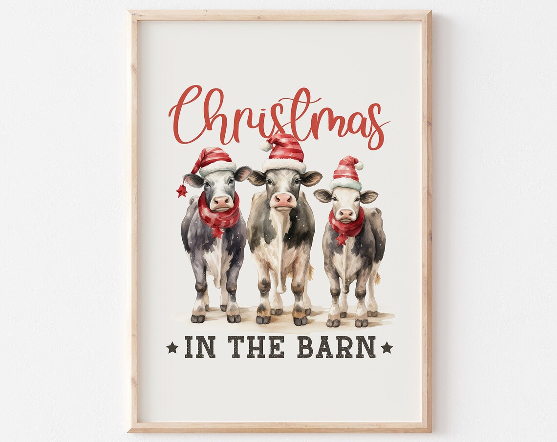Christmas In The Barn Three Cows In Santa Hats Farmhouse Poster
